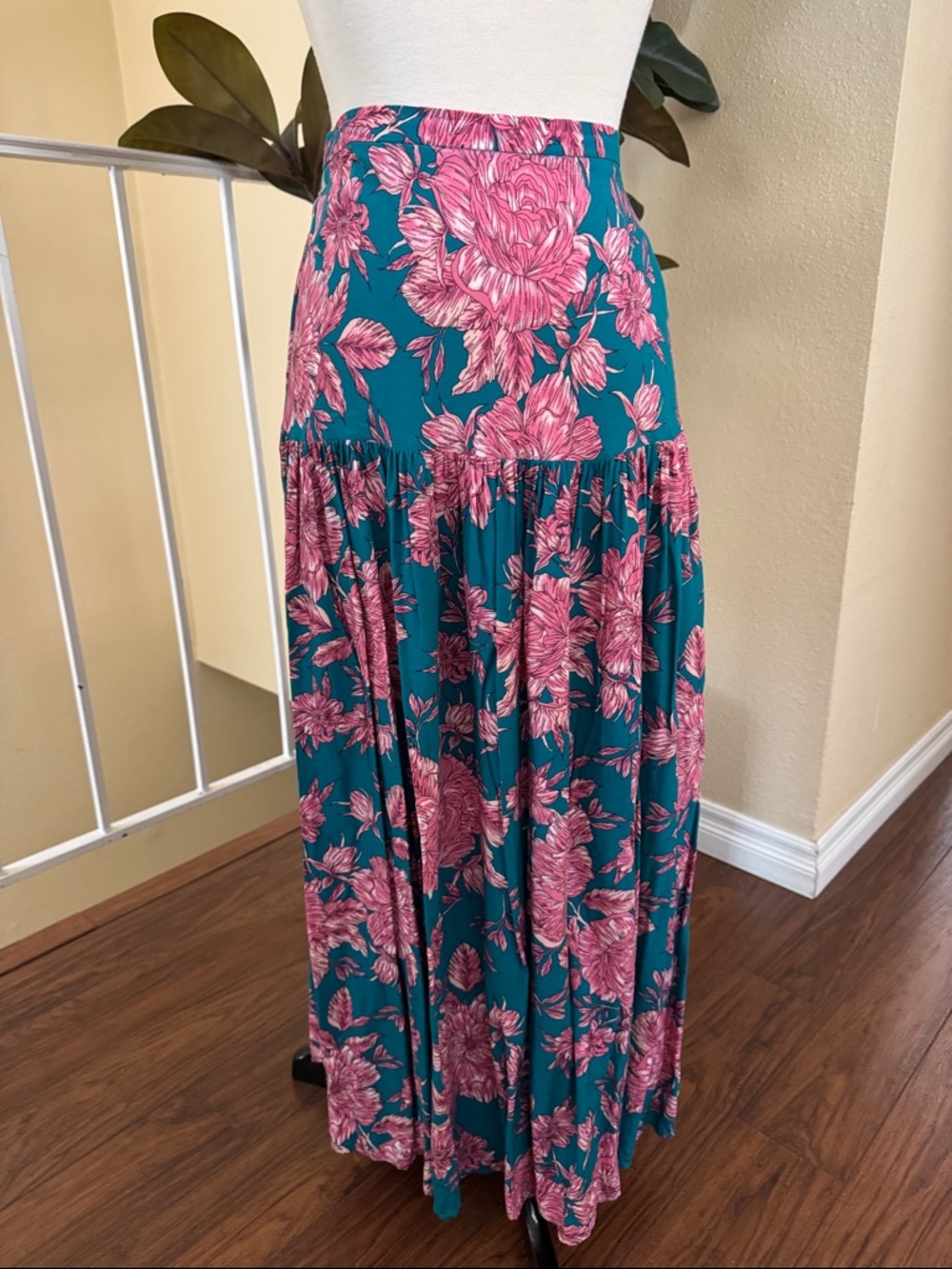 Abel The Label Teal and Pink Floral Maxi Skirt Size M